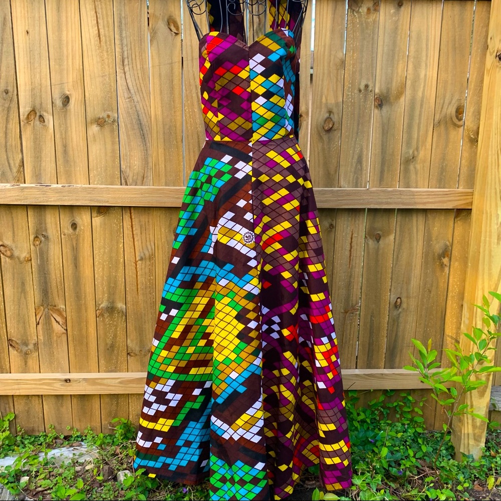 Psychedelic Groovy Geometric Strapless Long Full Dress